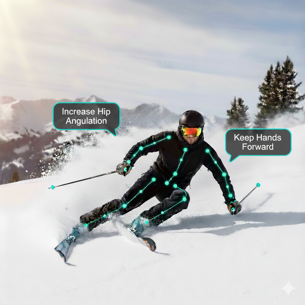 AI-powered ski form analysis showing skier with pose detection points and real-time feedback
